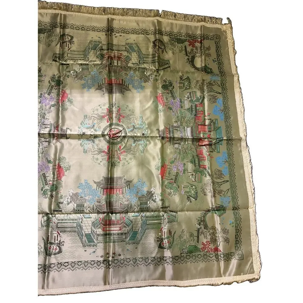 Vintage Chinese Brocaded Flowers Silk Piano Shawl Table Topper 38” Square